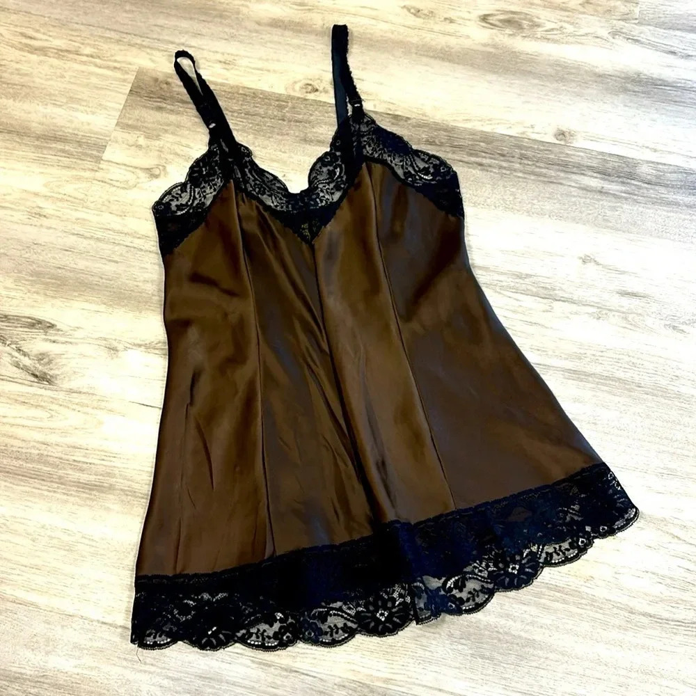 Rare Vintage 70s Victoria’s Secret Bronze Satin Black Lace Chemise | Sz Medium